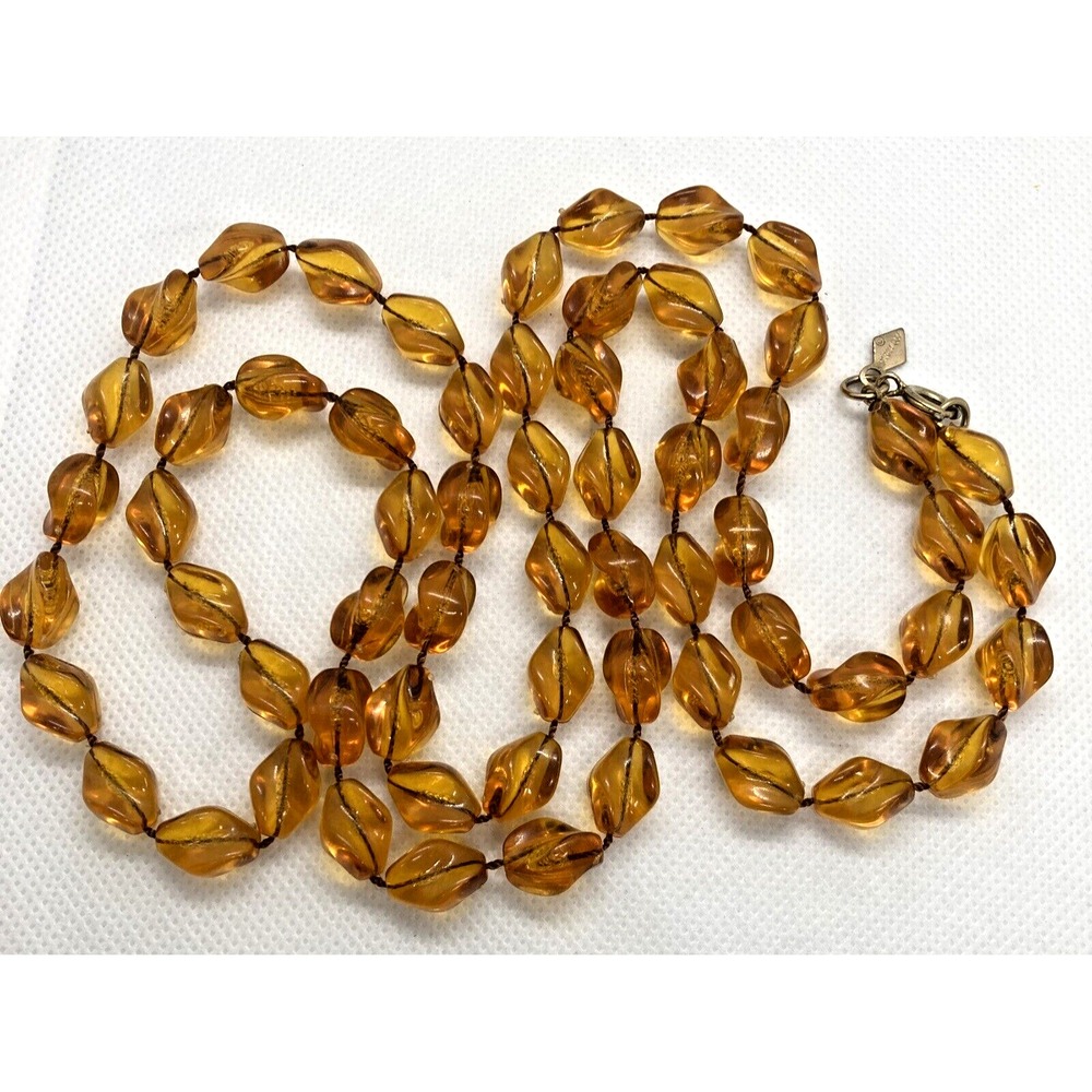 Vintage Sarah Coventry Signed 36'' Amber Acrylic Twisted Bead Beaded Necklace